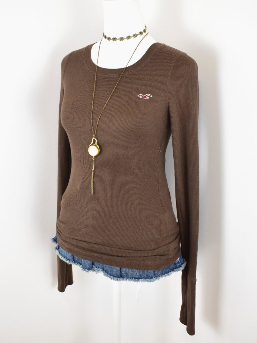 Hollister Vintage Late 2000s Y2K Dark Brown Waffle Thermal Knit Long Sleeve Top - Picture 2 of 6